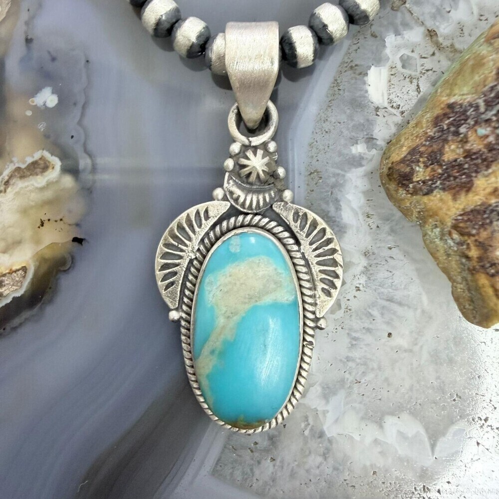 Sterling Silver Southwestern Style Oval Kingman Turquoise Decorated Pendant
